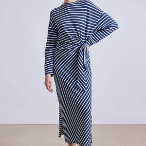 Apiece Apart Vanina Cinched Waist Navy and Cream Striped Midi Dress sz M NWOT